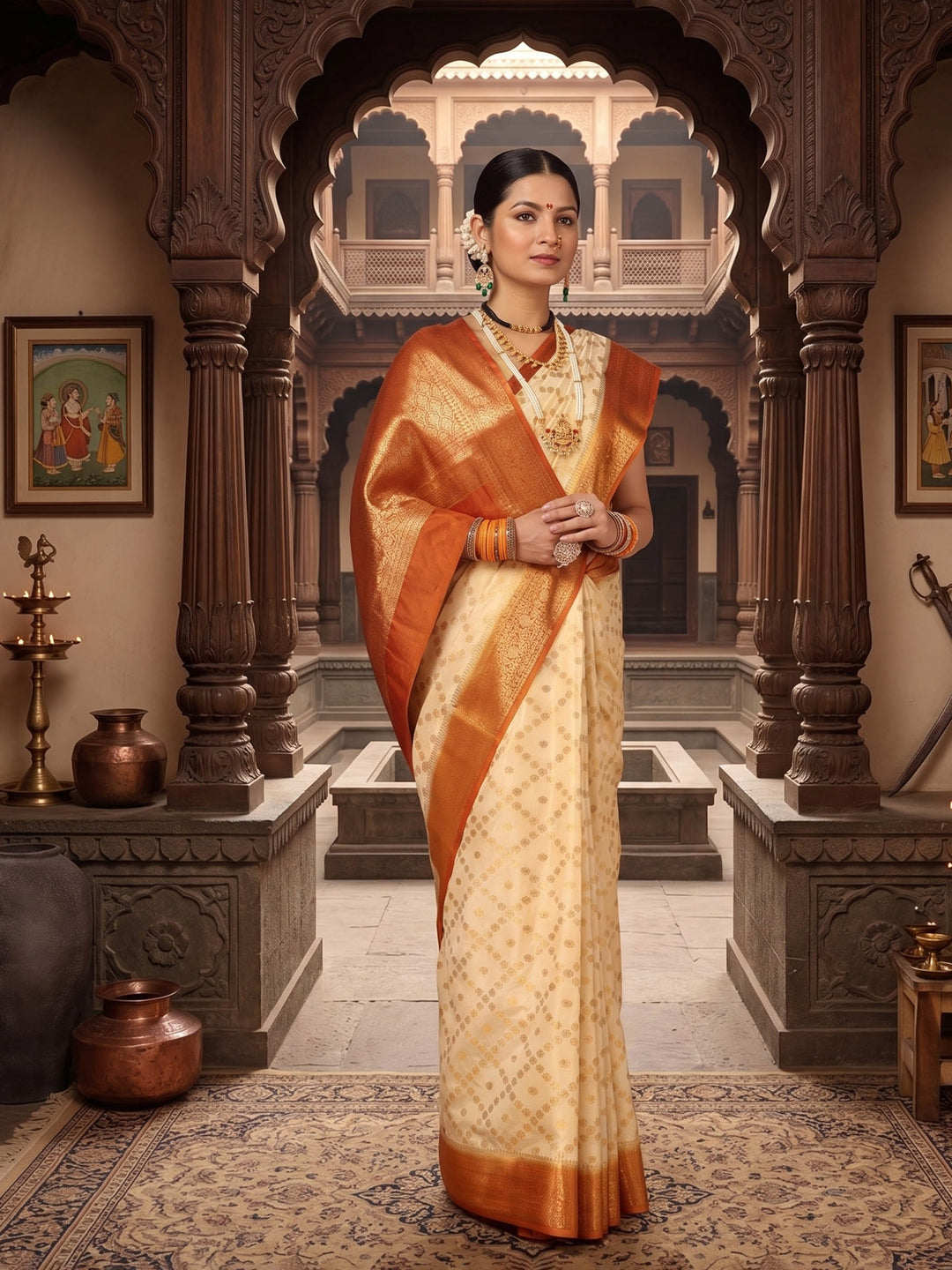 Off White Orange Woven Design Balaton Saree