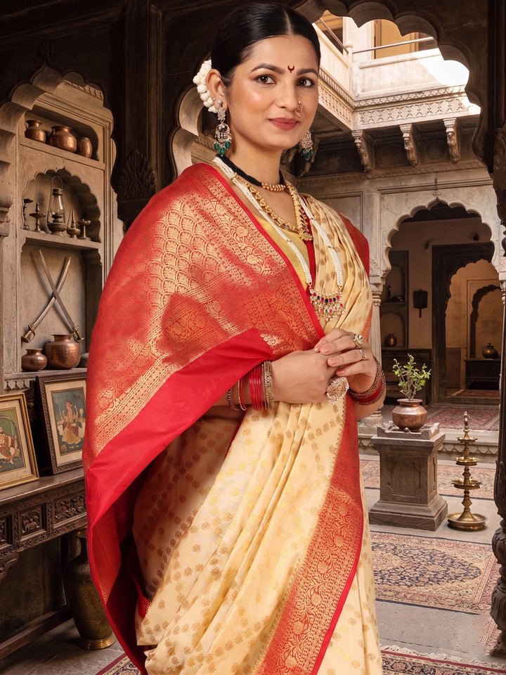 Off White Red Woven Design Balaton Saree