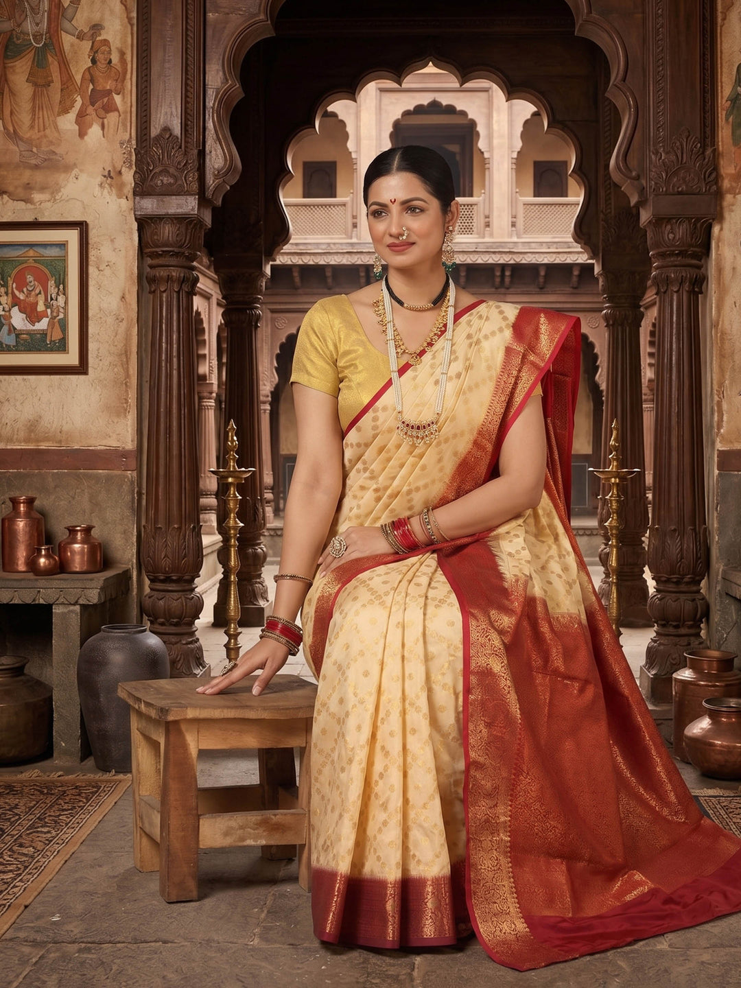 Off White Red Woven Design Balaton Saree