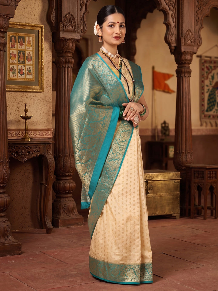 Off White Dark Blue Woven Design Balaton Saree