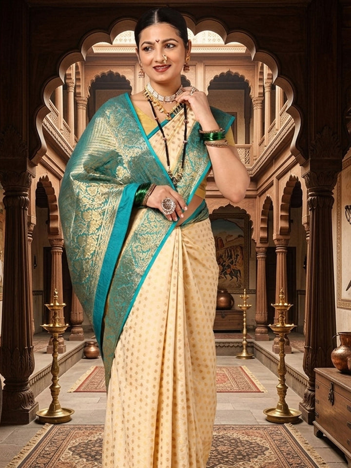 Off White Dark Blue Woven Design Balaton Saree