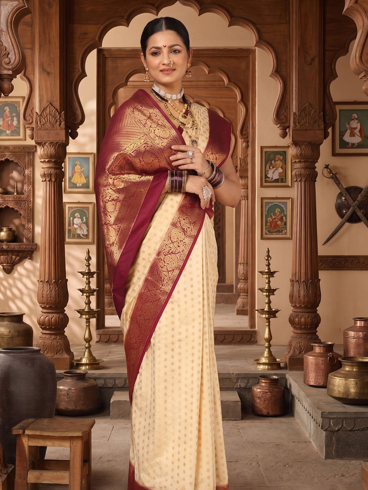 Off White Maroon Woven Design Balaton Saree