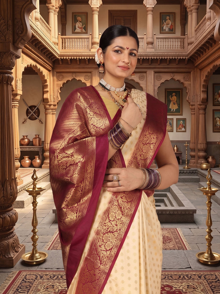 Off White Maroon Woven Design Balaton Saree
