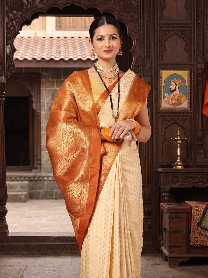 Off White Orange Woven Design Balaton Saree
