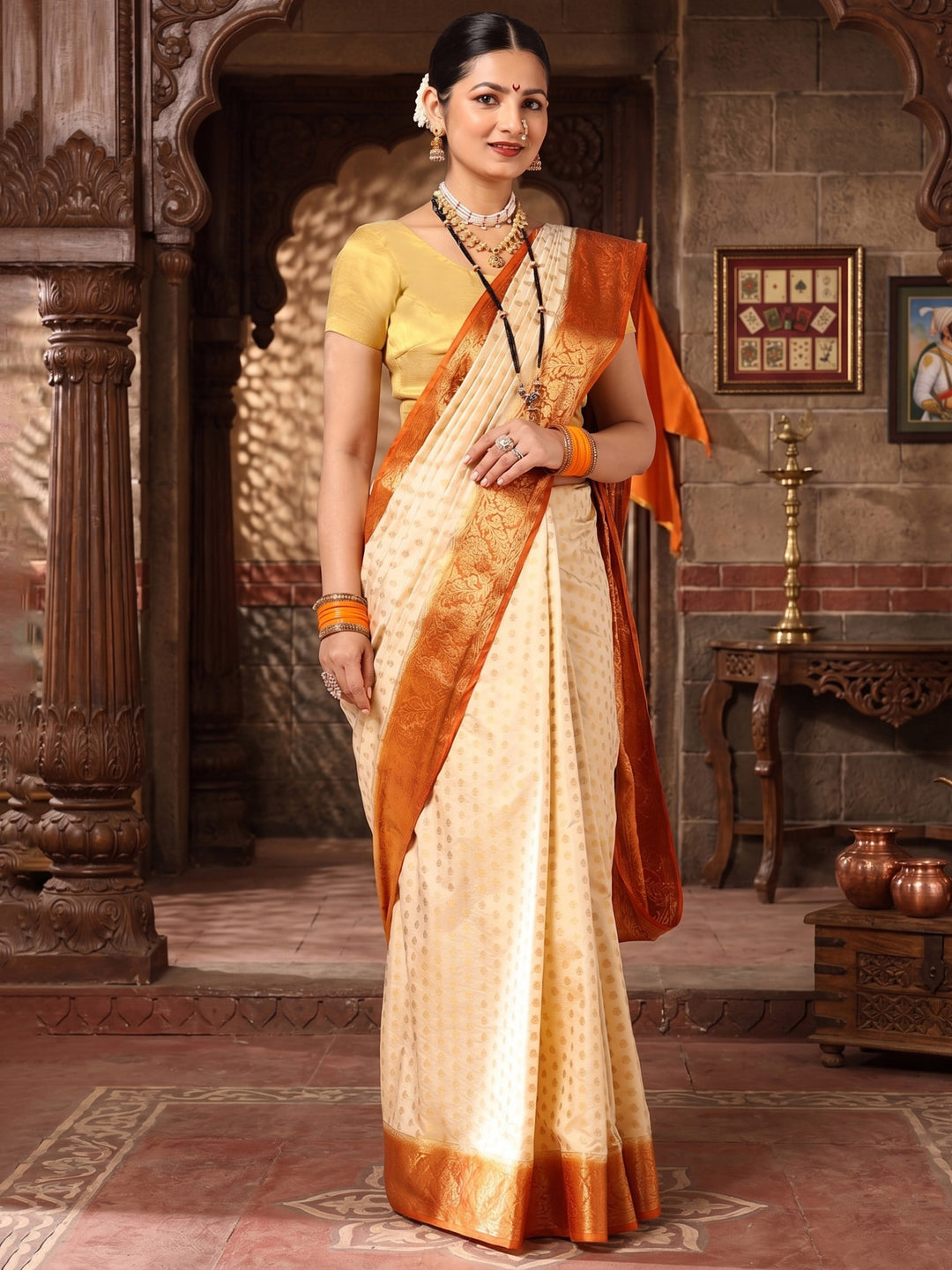 Off White Orange Woven Design Balaton Saree