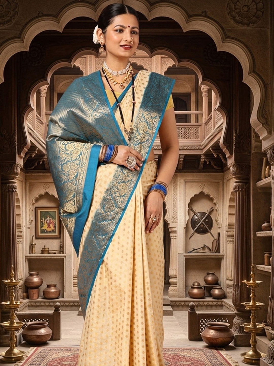 Off White Peacock Blue Woven Design Balaton Saree
