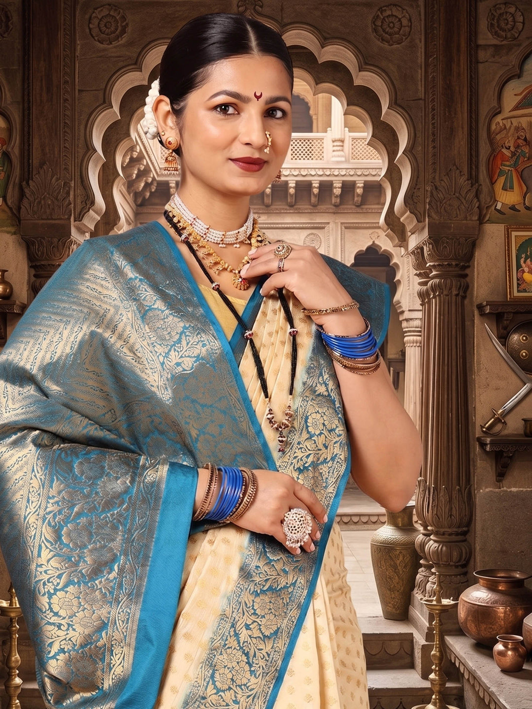 Off White Peacock Blue Woven Design Balaton Saree