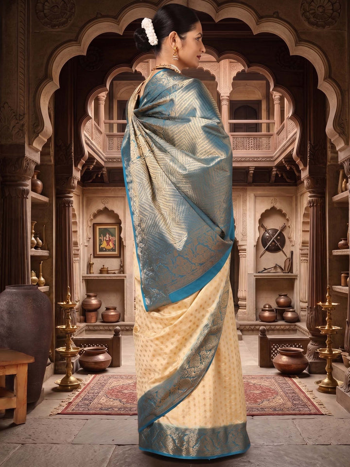 Off White Peacock Blue Woven Design Balaton Saree