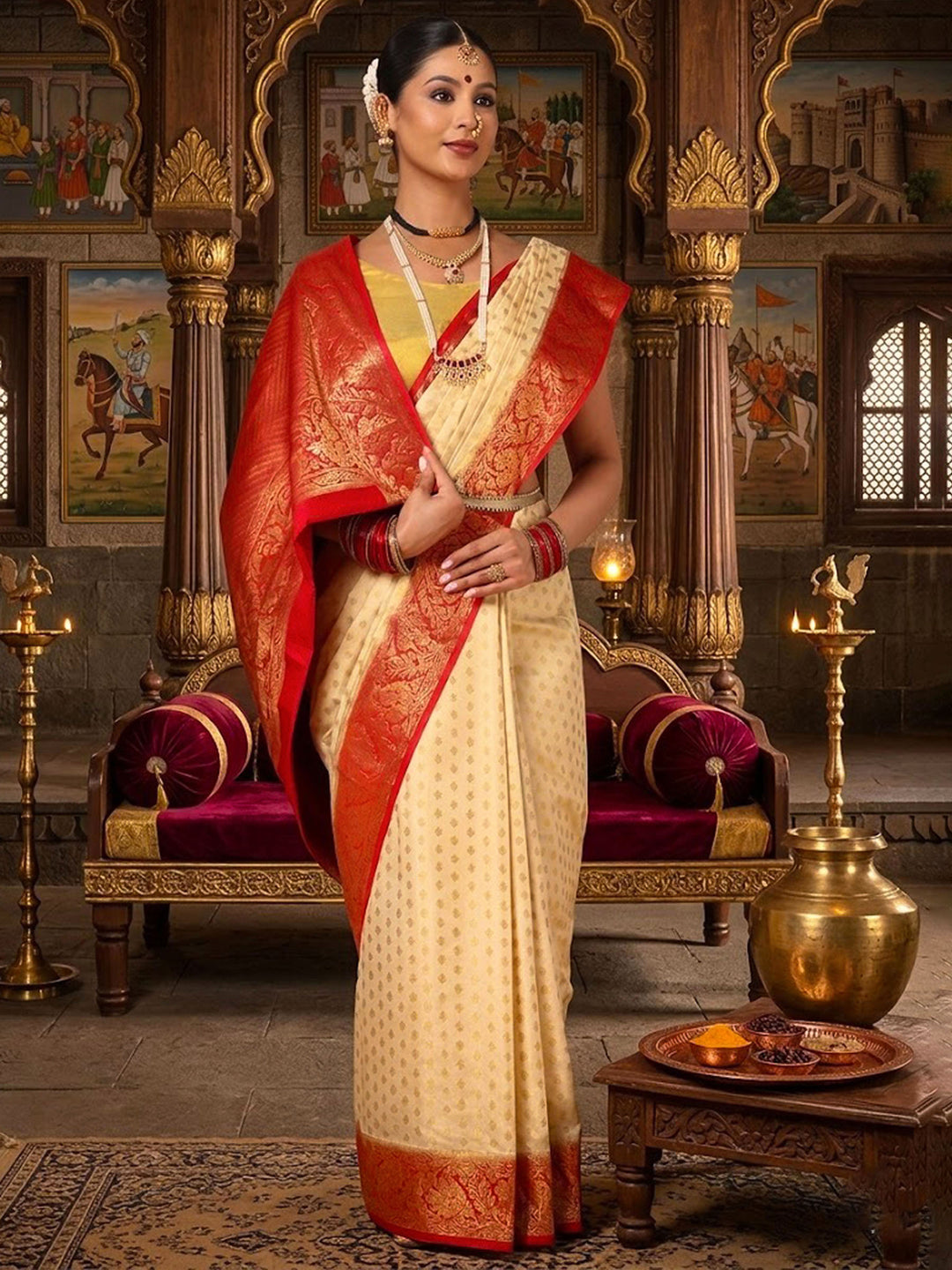 Off White Red Woven Design Balaton Saree