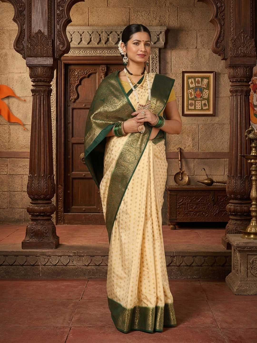 Off White Bottle Green Woven Design Balaton Saree