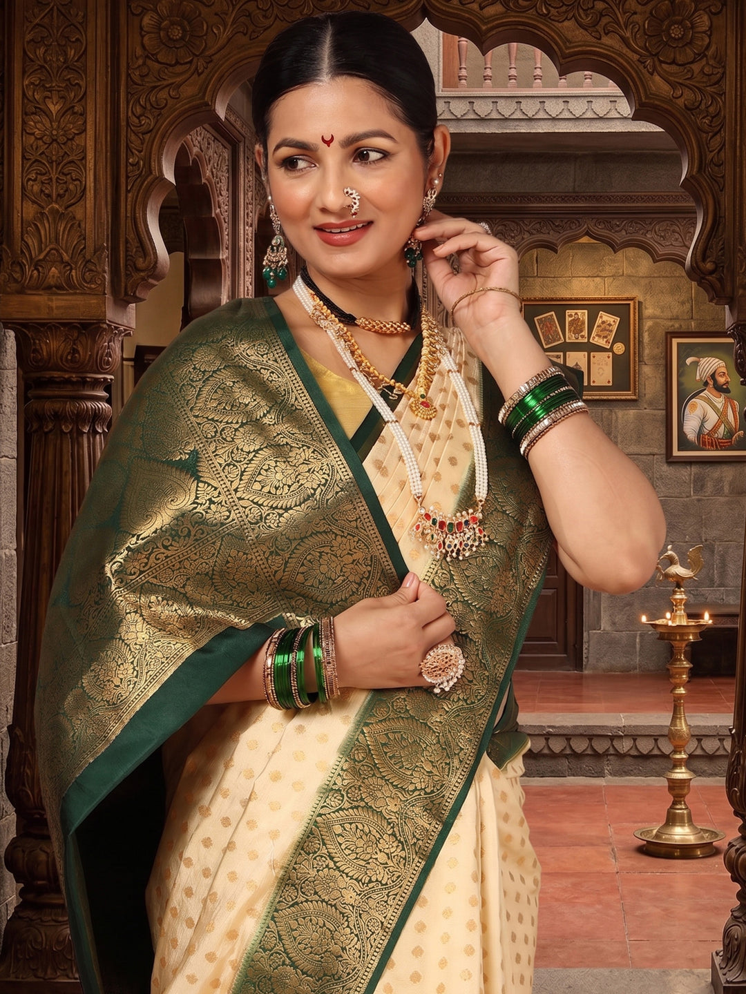 Off White Bottle Green Woven Design Balaton Saree