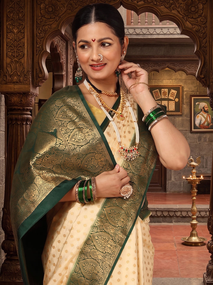 Off White Bottle Green Woven Design Balaton Saree