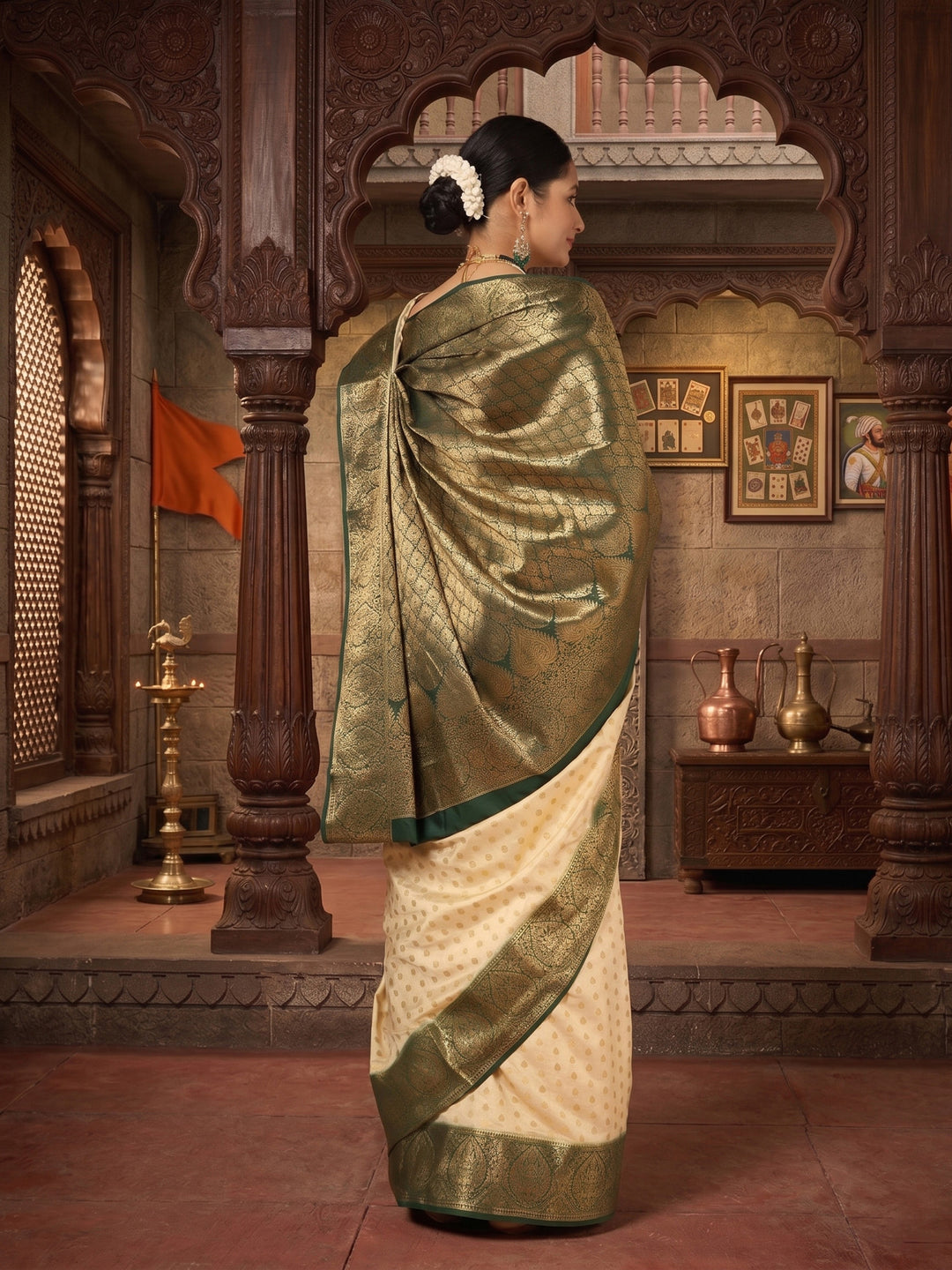 Off White Bottle Green Woven Design Balaton Saree