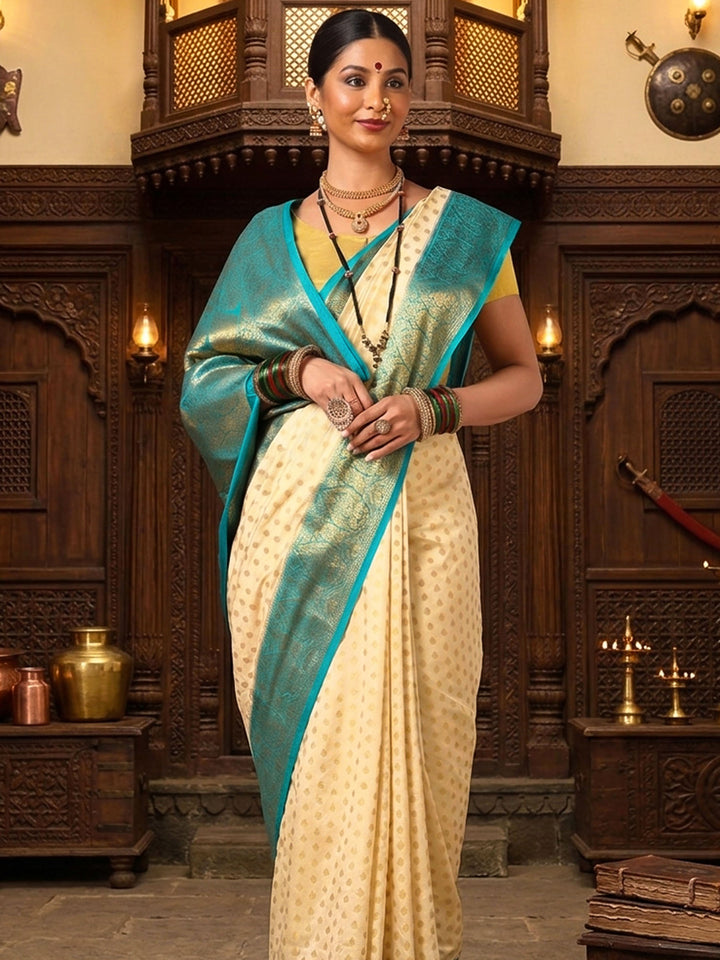 Off White Dark Blue Woven Design Balaton Saree