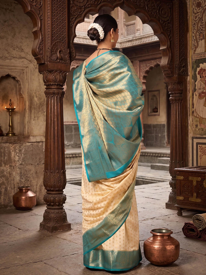 Off White Dark Blue Woven Design Balaton Saree