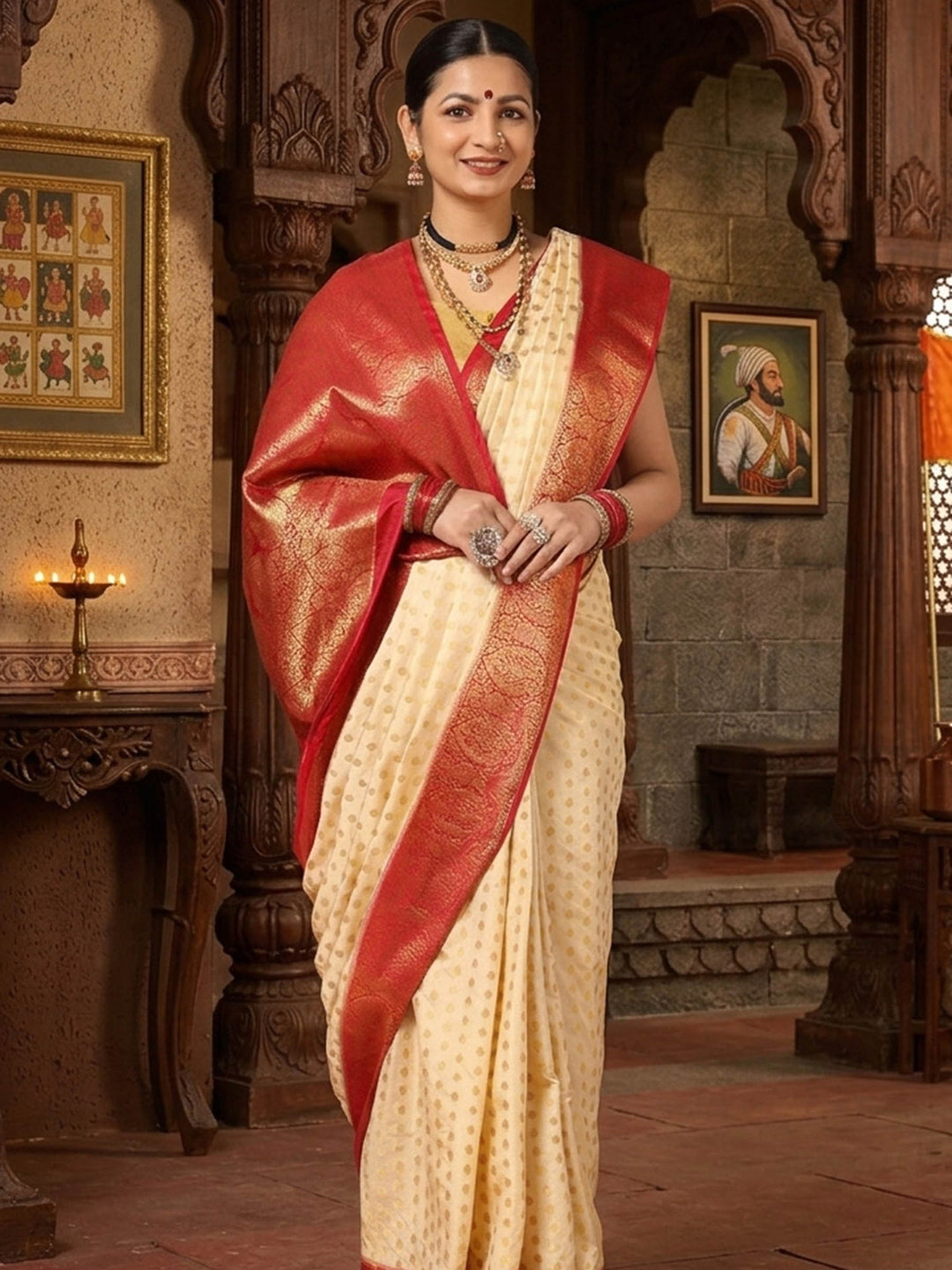 Off White Maroon Woven Design Balaton Saree