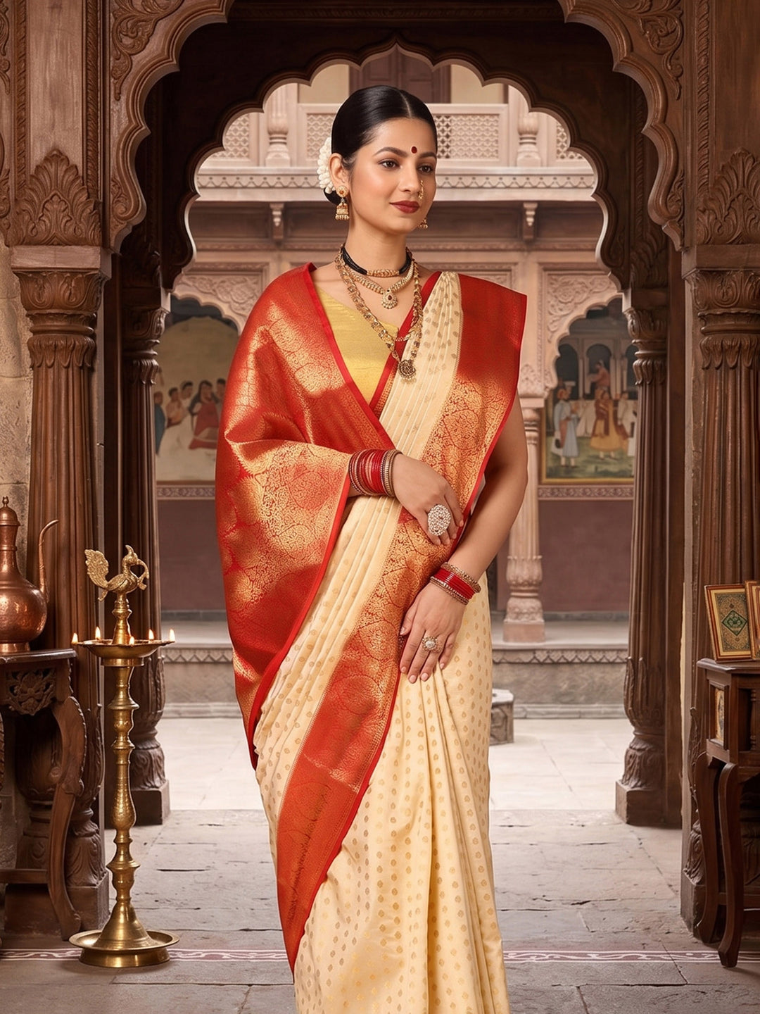 Off White Red Woven Design Balaton Saree