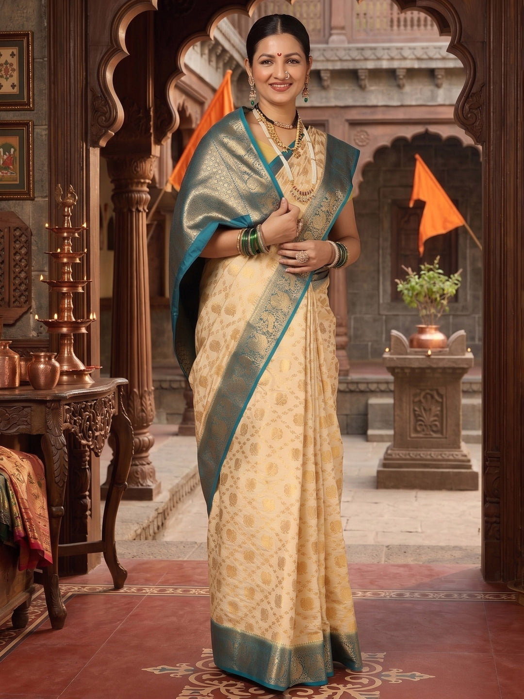 Off White Blue Woven Design Balaton Saree
