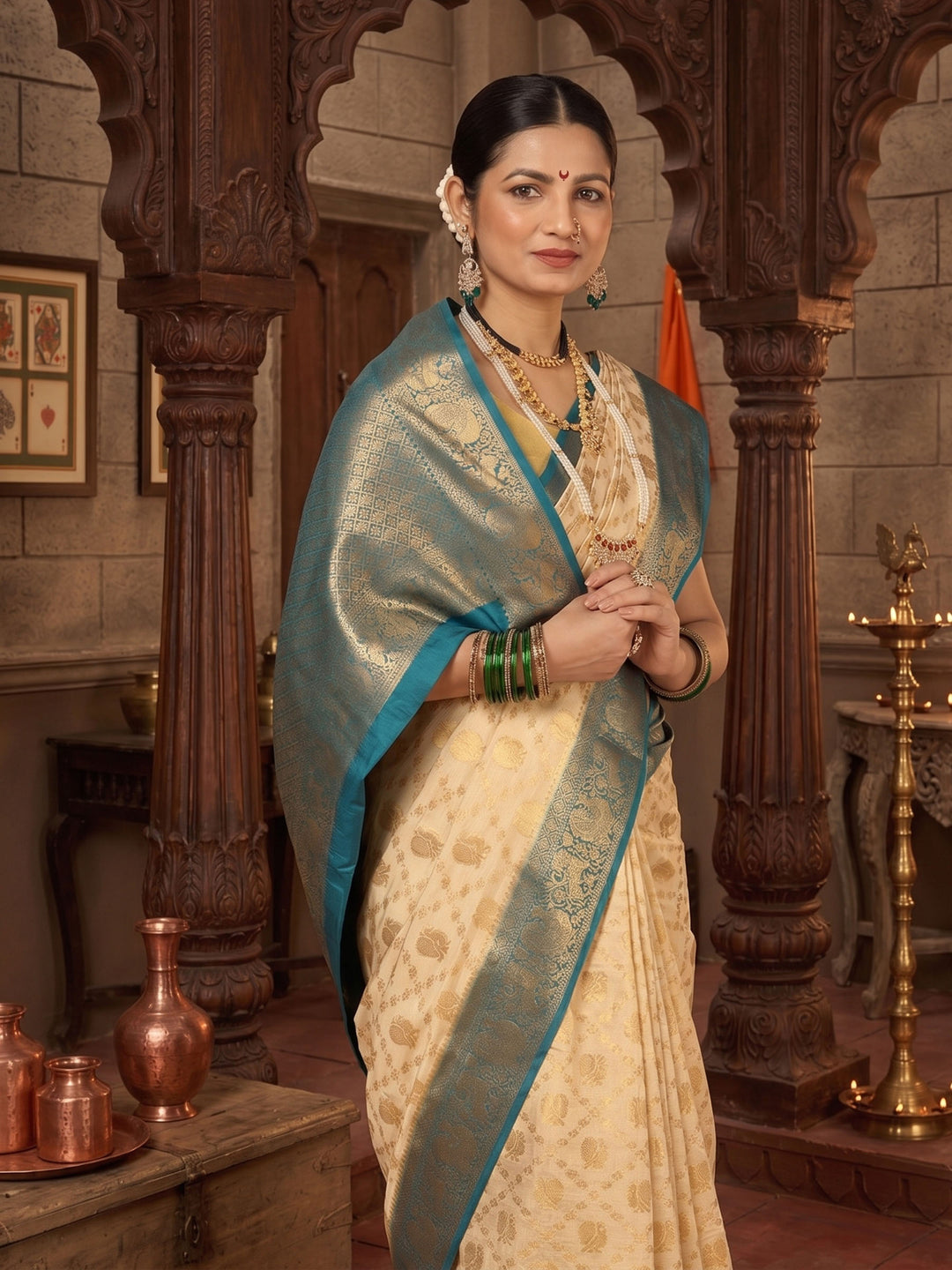 Off White Blue Woven Design Balaton Saree