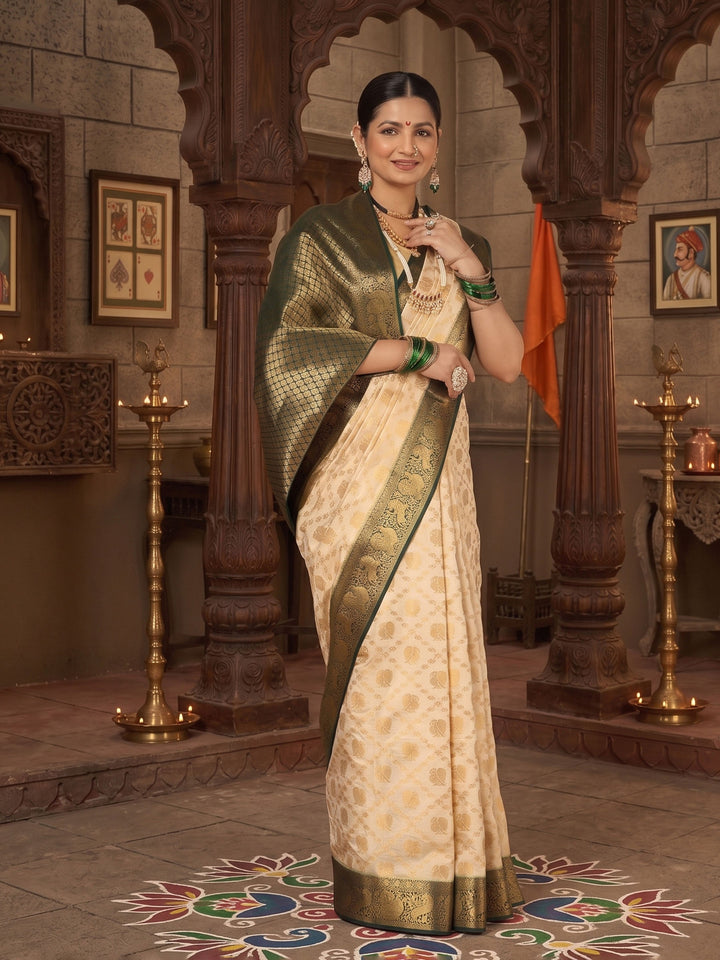 Off White Bottle Green Woven Design Balaton Saree