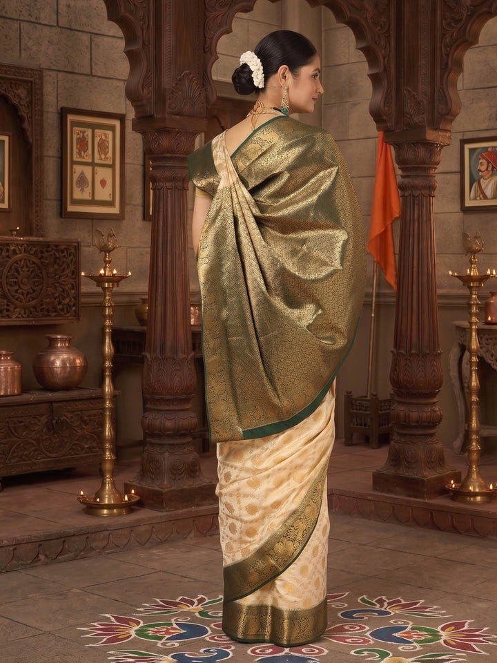 Off White Bottle Green Woven Design Balaton Saree