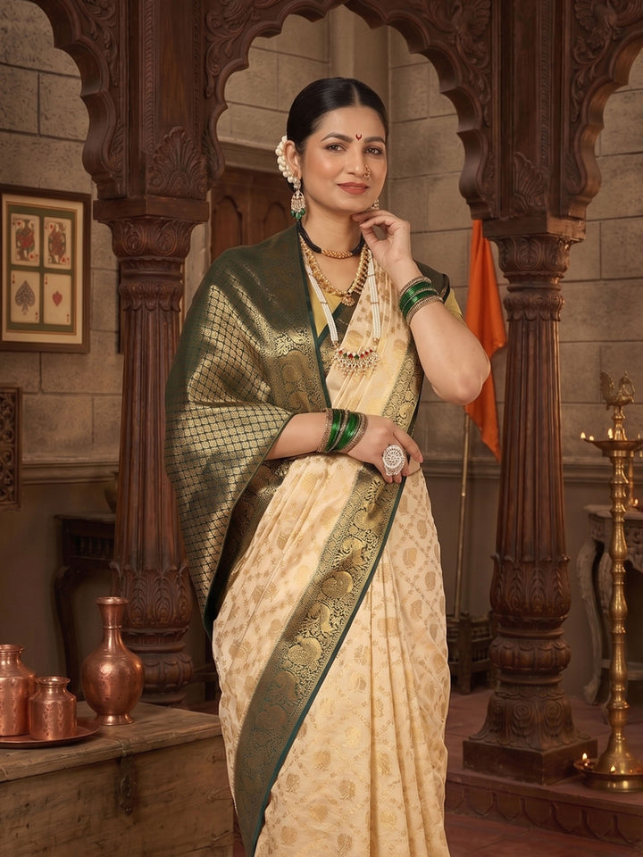 Off White Bottle Green Woven Design Balaton Saree