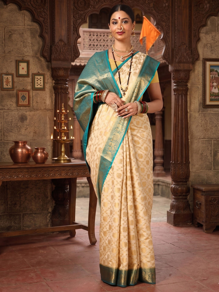 Off White Dark Blue Woven Design Balaton Saree