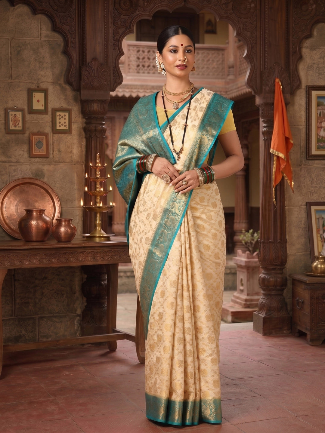 Off White Dark Blue Woven Design Balaton Saree