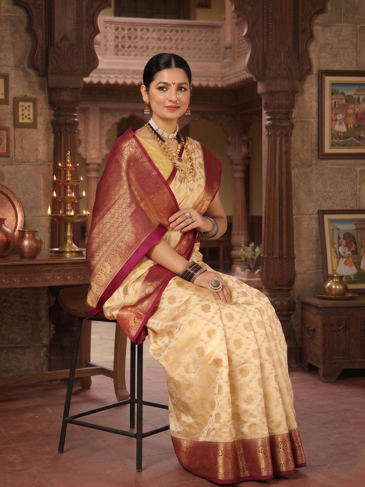 Off White Maroon Woven Design Balaton Saree