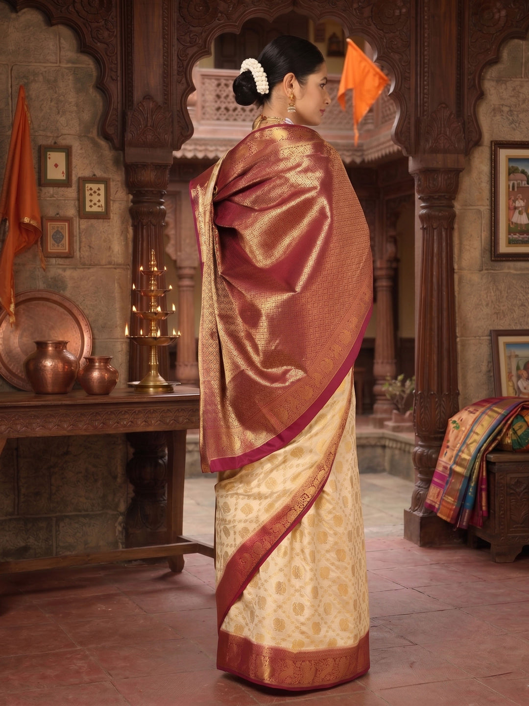 Off White Maroon Woven Design Balaton Saree