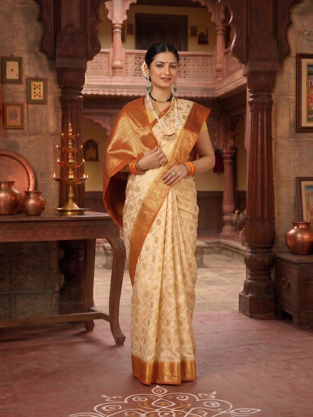 Off White Mustard Woven Design Balaton Saree