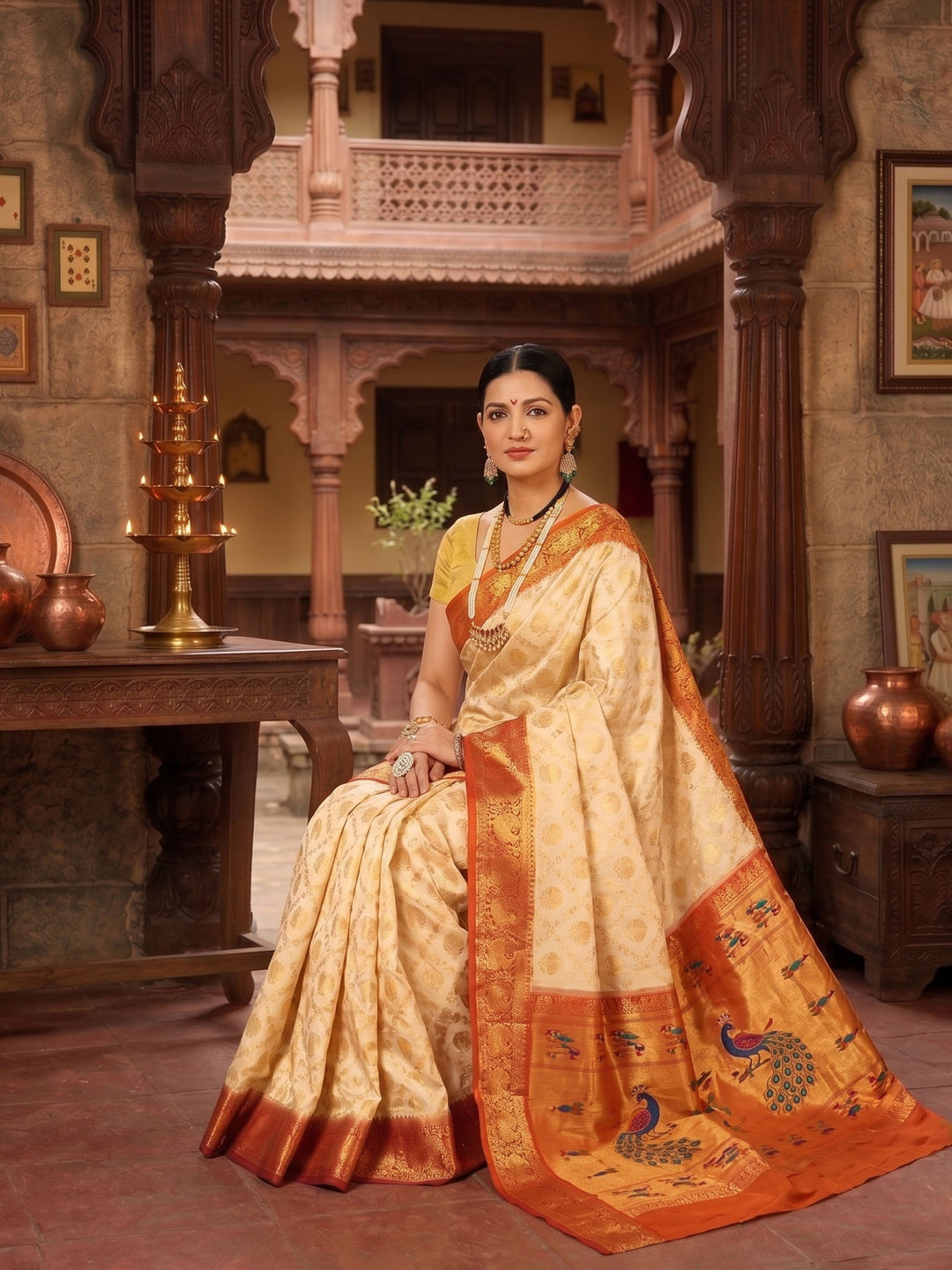 Off White Mustard Woven Design Balaton Saree