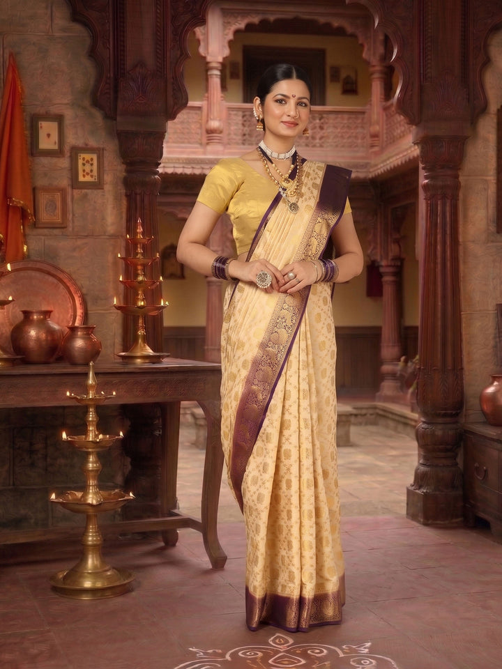 Off White Purple Woven Design Balaton Saree