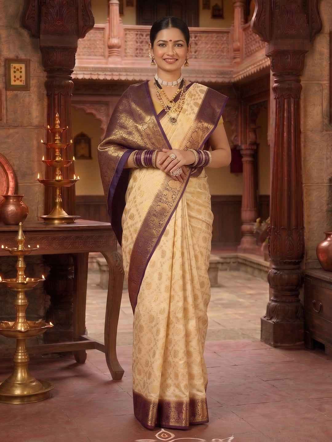 Off White Purple Woven Design Balaton Saree