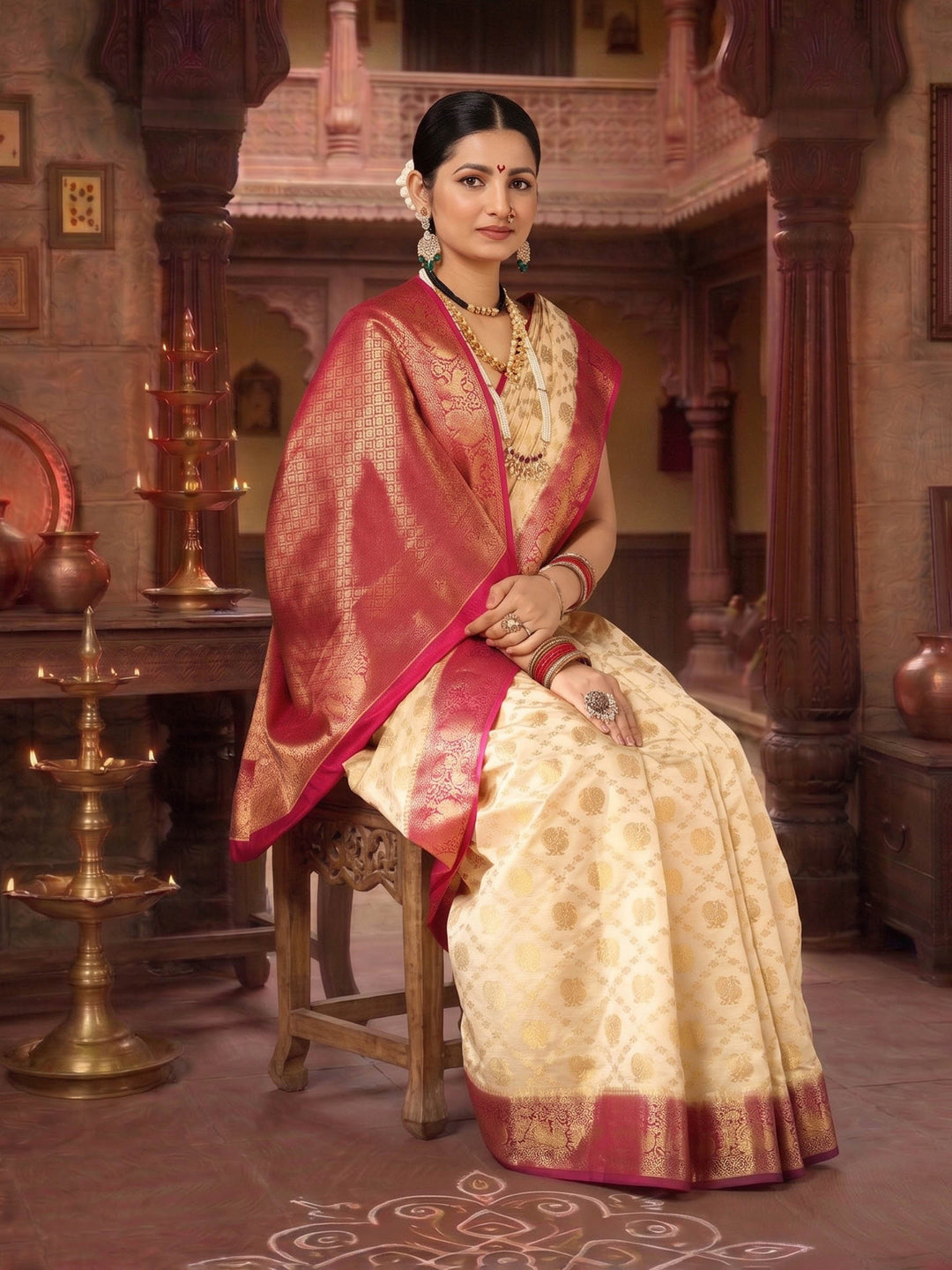 Off White Rani Pink Woven Design Balaton Saree