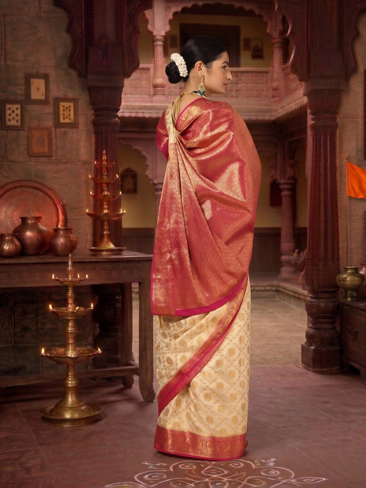 Off White Rani Pink Woven Design Balaton Saree