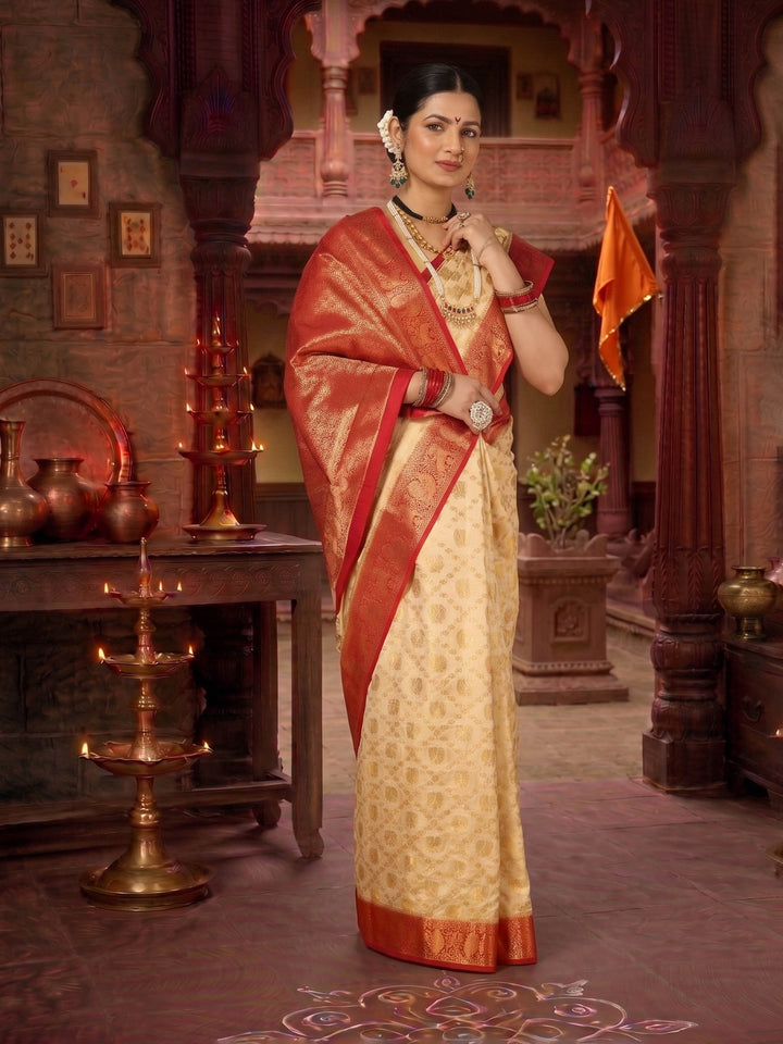 Off White Red Woven Design Balaton Saree
