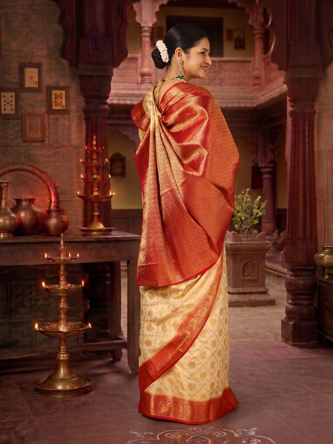 Off White Red Woven Design Balaton Saree