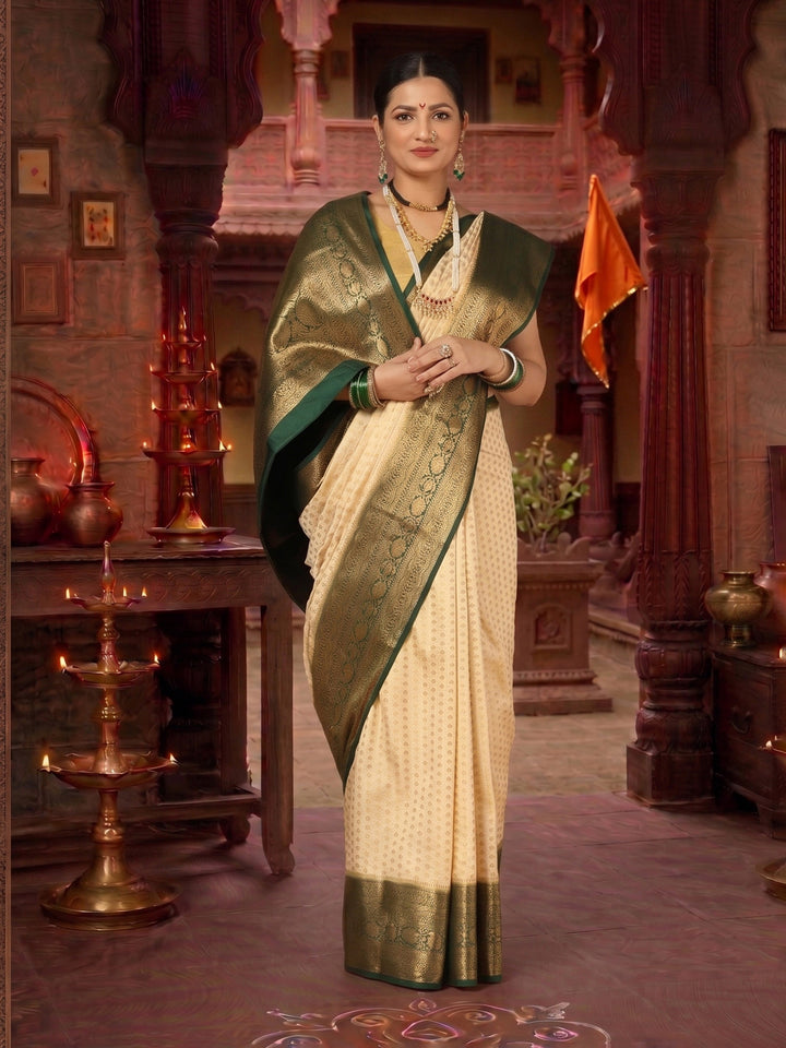 Off White Bottle Green Woven Design Balaton Saree