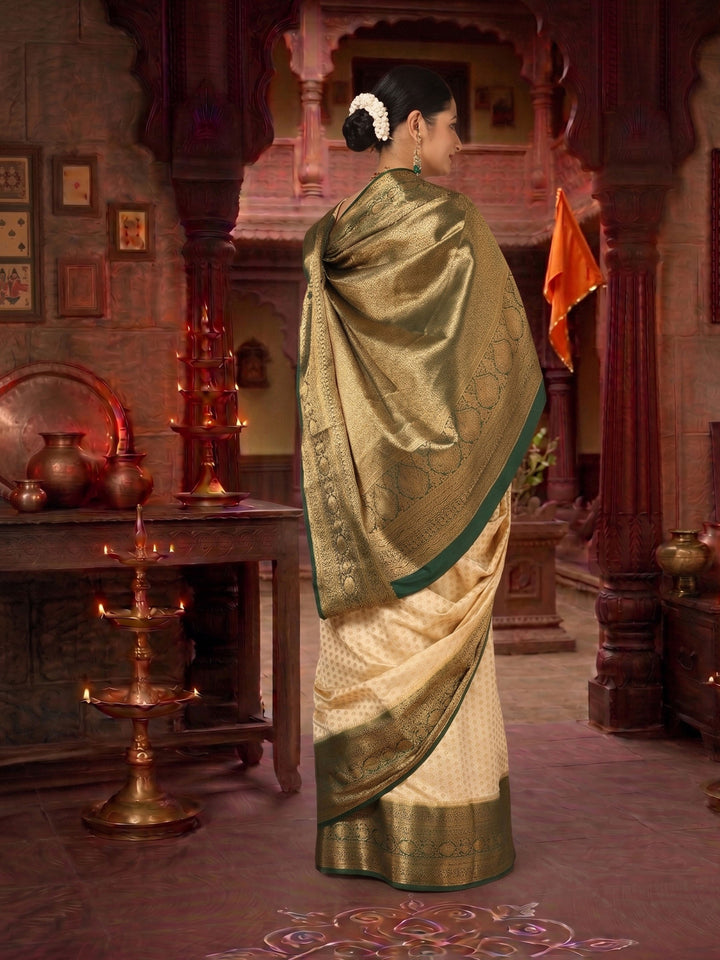 Off White Bottle Green Woven Design Balaton Saree
