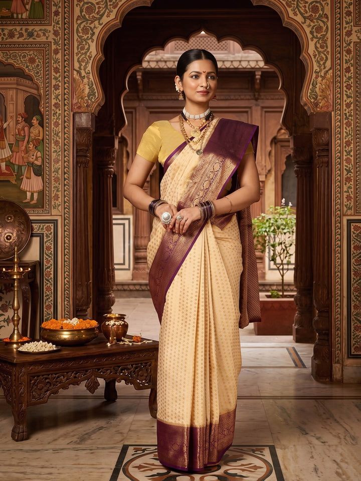 Off White Purple Woven Design Balaton Saree
