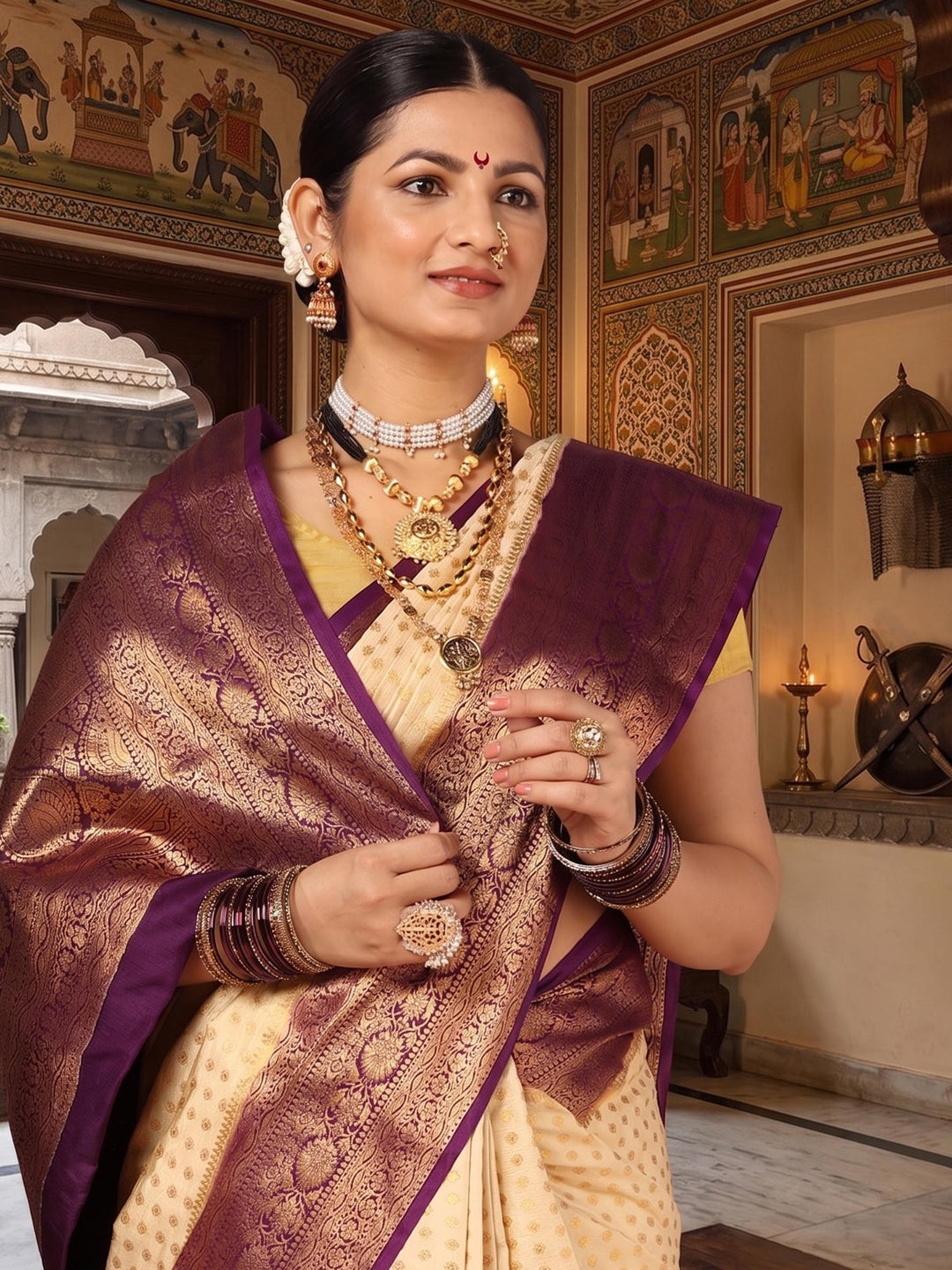 Off White Purple Woven Design Balaton Saree