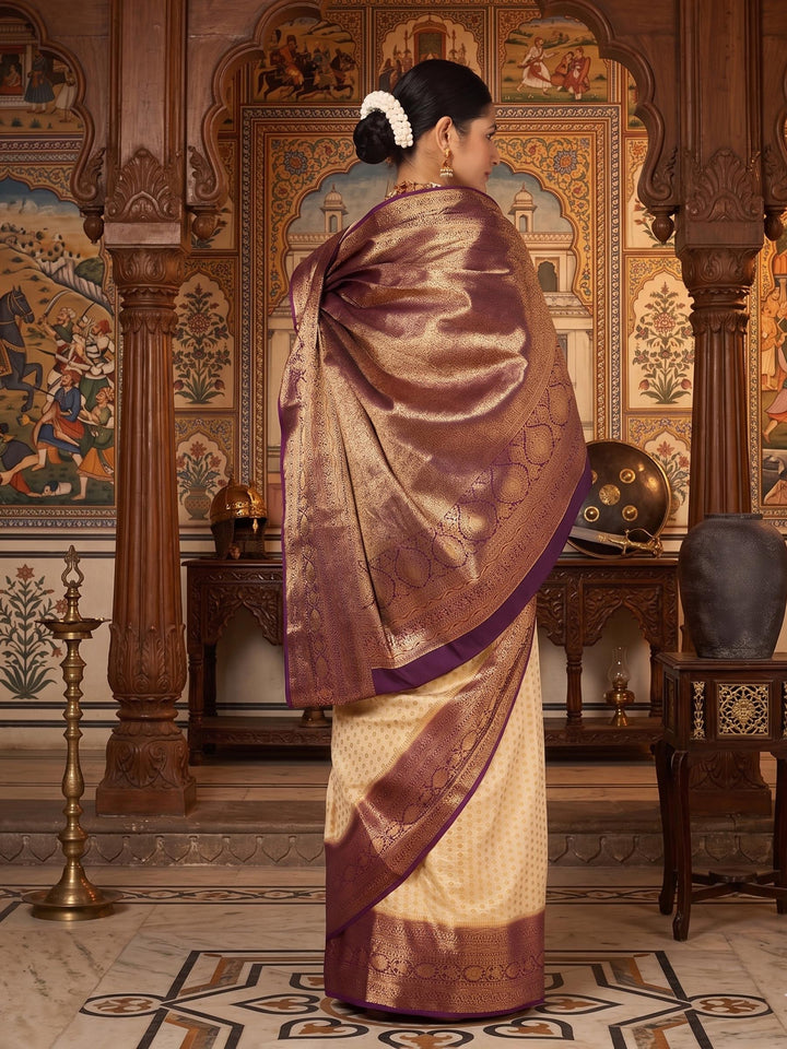 Off White Purple Woven Design Balaton Saree