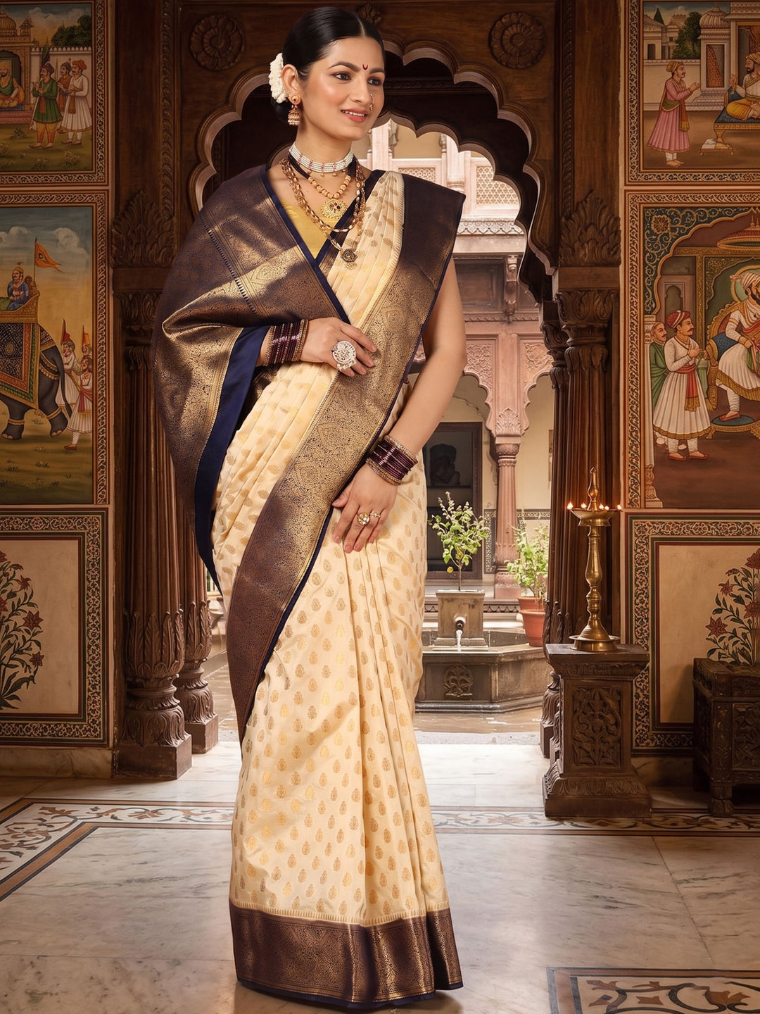 Off White Black Woven Design Balaton Saree