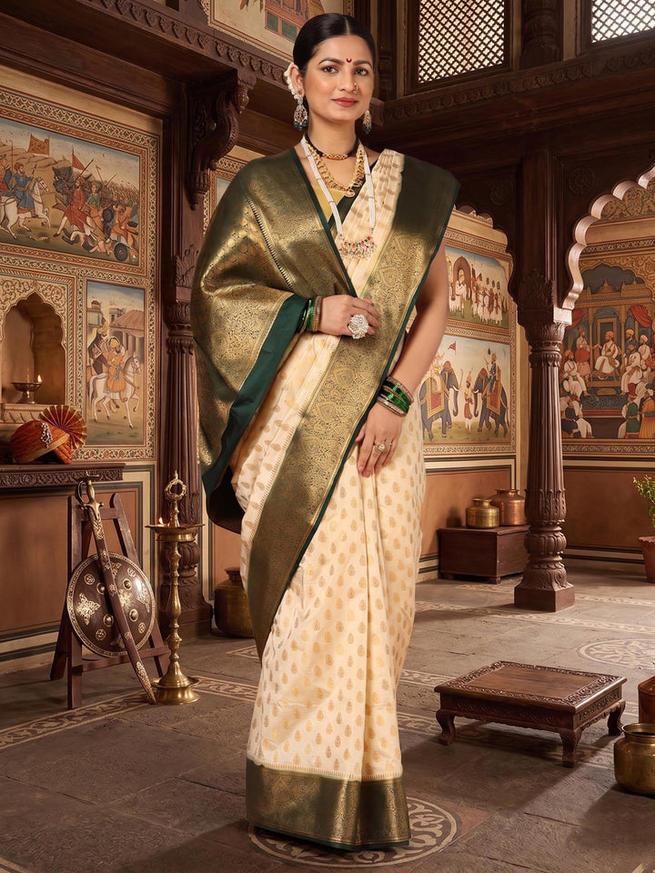 Off White Bottle Green Woven Design Balaton Saree