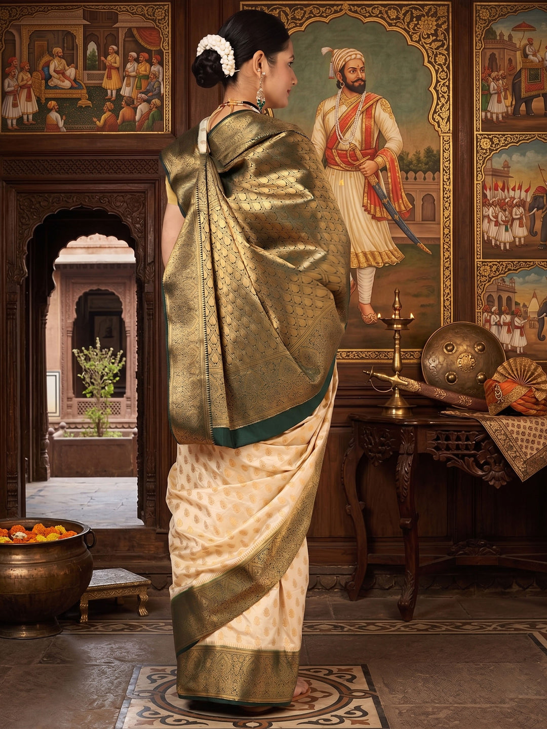 Off White Bottle Green Woven Design Balaton Saree