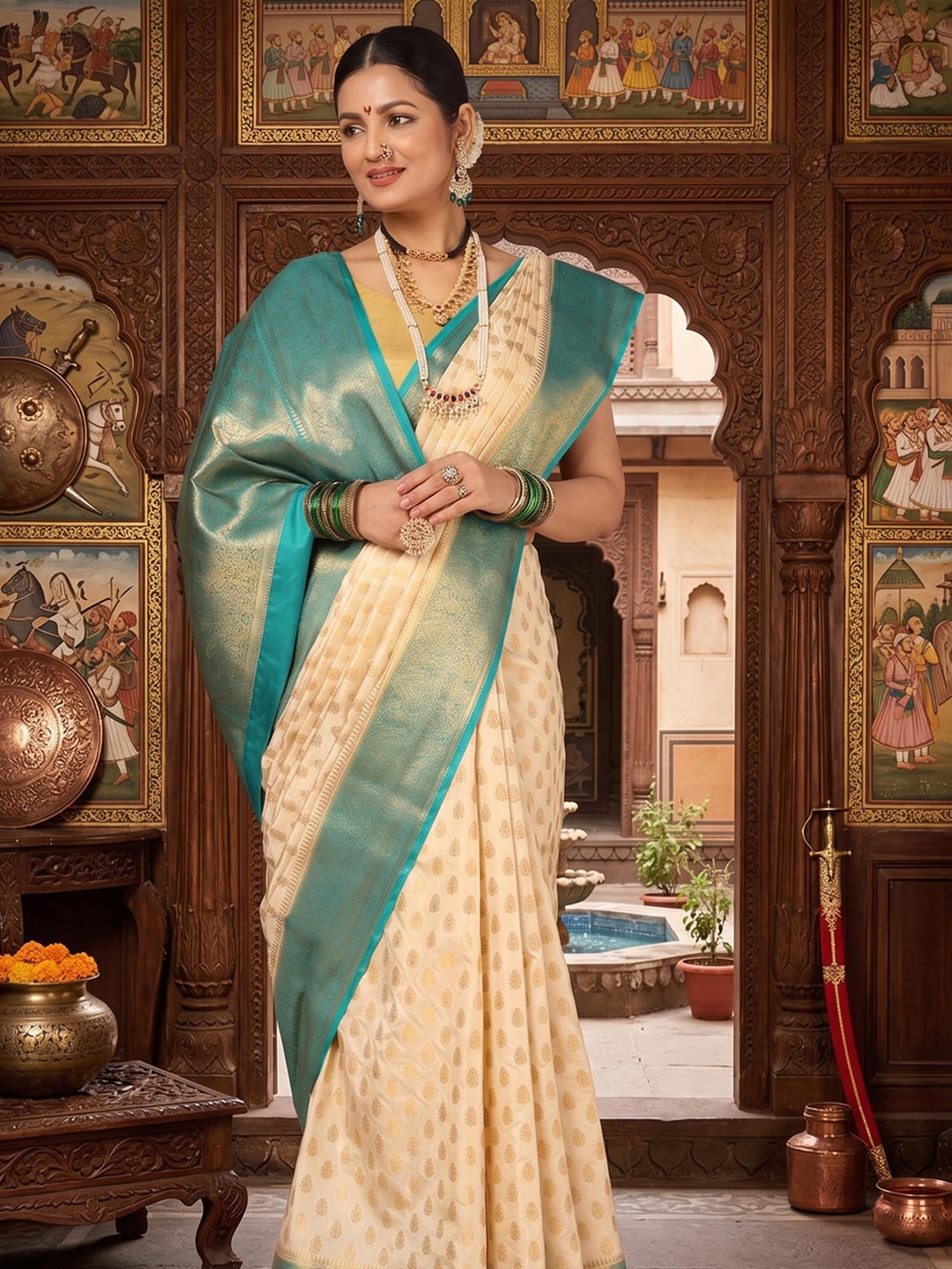 Off White Dark Blue Woven Design Balaton Saree