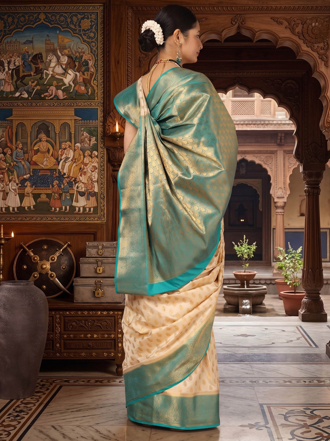Off White Dark Blue Woven Design Balaton Saree