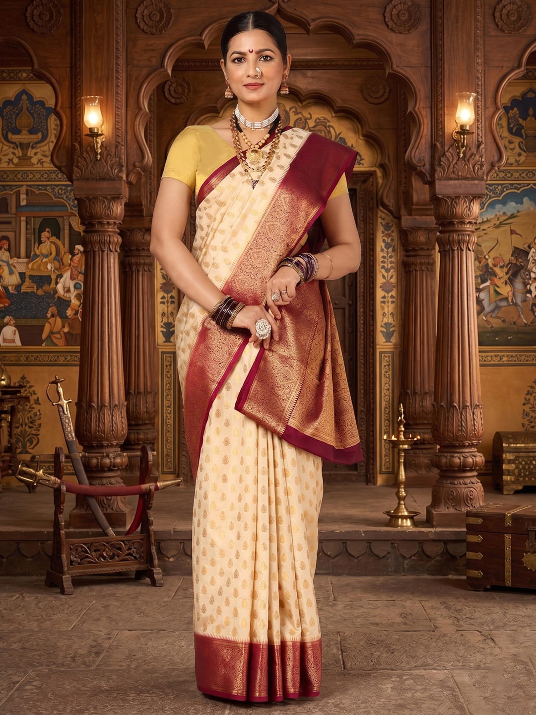 Off White Maroon Woven Design Balaton Saree