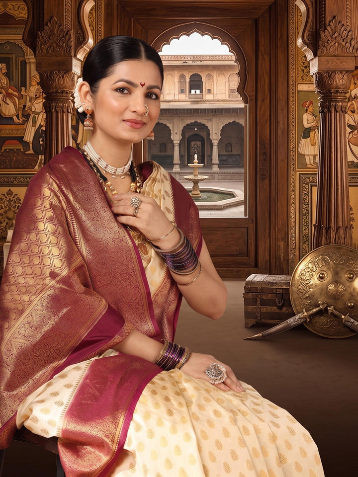 Off White Maroon Woven Design Balaton Saree